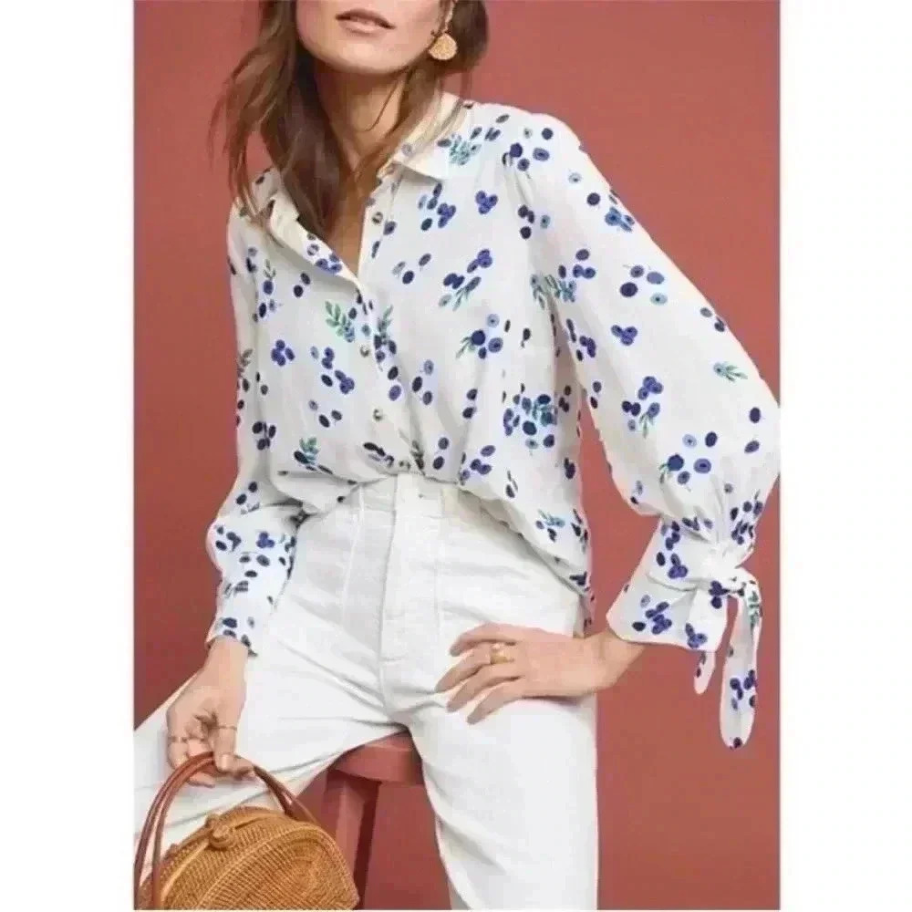 Anthropologie Maeve Novelty Print Blouse Top Fruit Blueberry Sz 4 Small - Picture 2 of 12